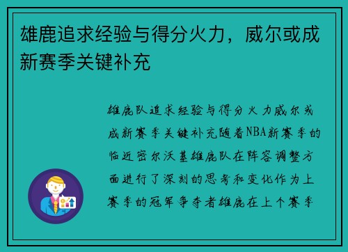 雄鹿追求经验与得分火力，威尔或成新赛季关键补充