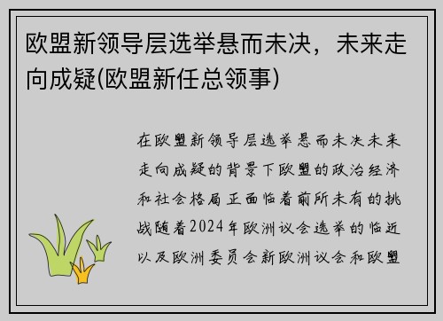 欧盟新领导层选举悬而未决，未来走向成疑(欧盟新任总领事)