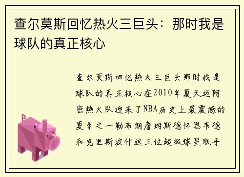 查尔莫斯回忆热火三巨头：那时我是球队的真正核心