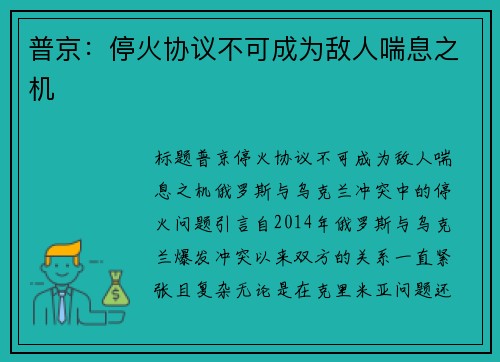 普京：停火协议不可成为敌人喘息之机