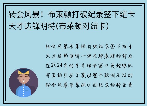转会风暴！布莱顿打破纪录签下纽卡天才边锋明特(布莱顿对纽卡)