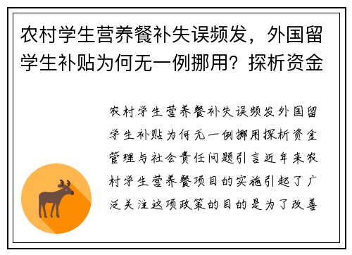 农村学生营养餐补失误频发，外国留学生补贴为何无一例挪用？探析资金管理与社会责任问题