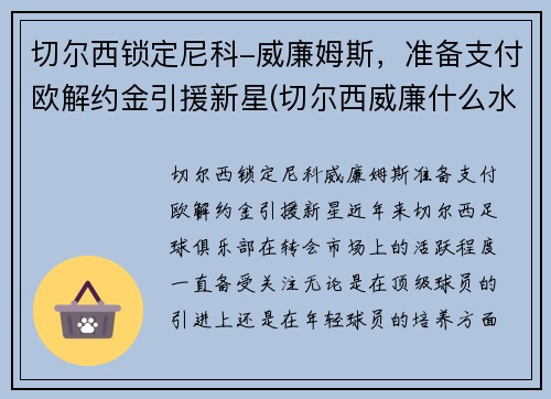 切尔西锁定尼科-威廉姆斯，准备支付欧解约金引援新星(切尔西威廉什么水平)